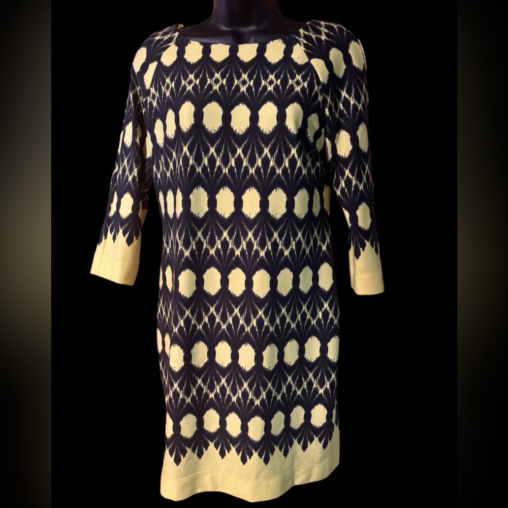 Just Taylor neon yellow & black print dress.